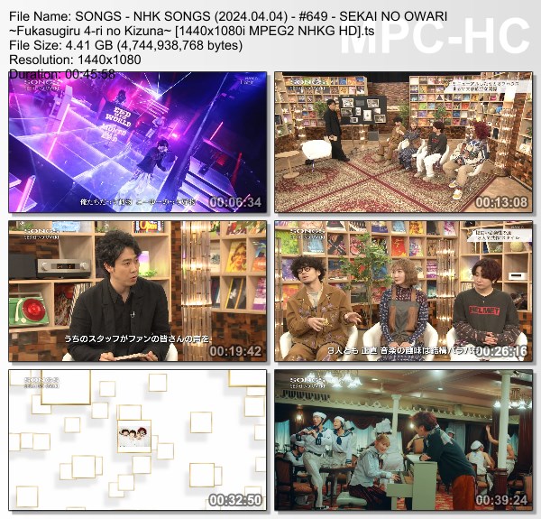 [TV-Variety] NHK SONGS (2024.04.04) – 第649回 – SEKAI NO OWARI ～深すぎる4人の絆～